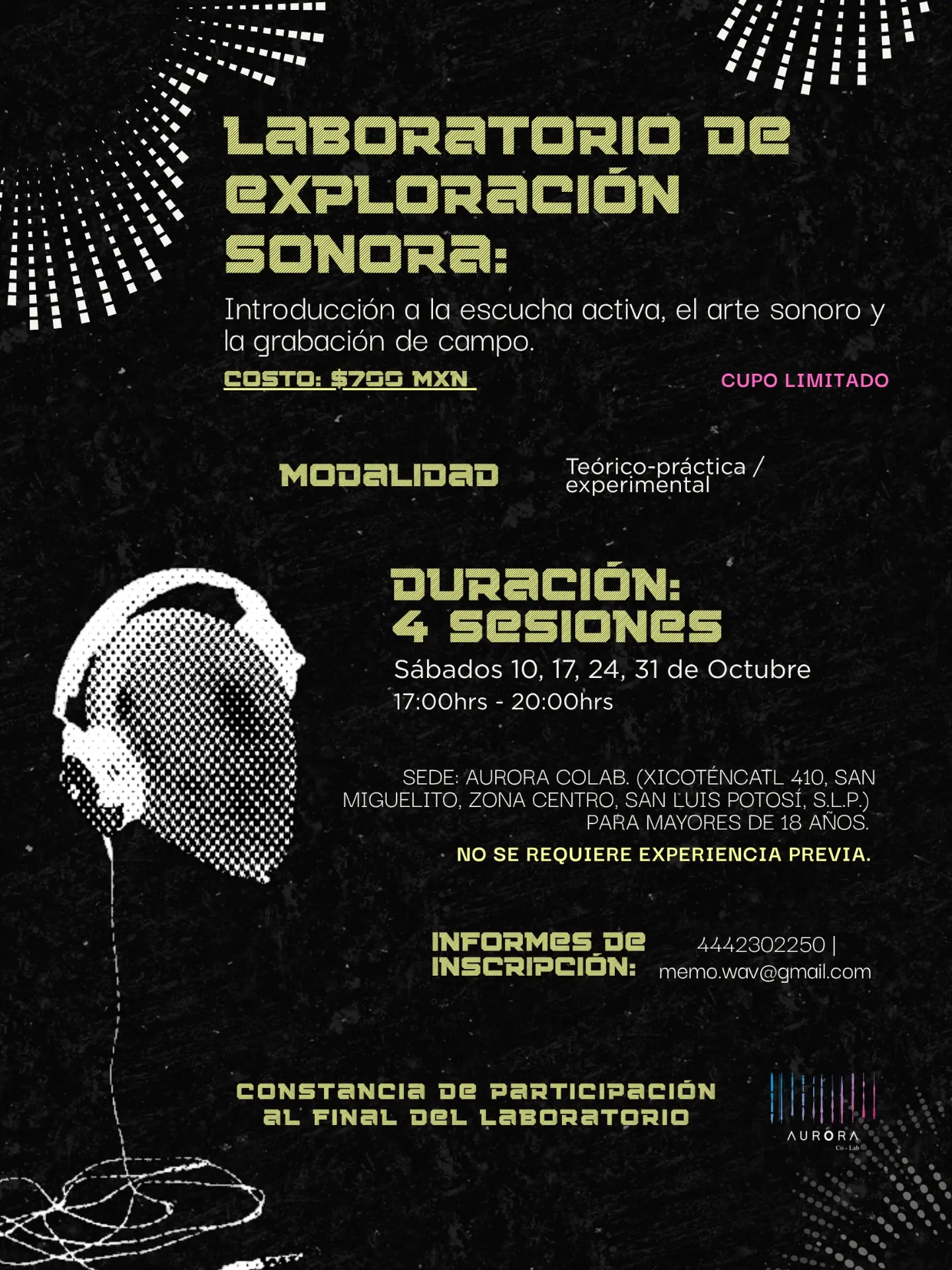 Cartel de Laboratorio de exploración sonora: escucha activa, arte sonoro y grabación de campo